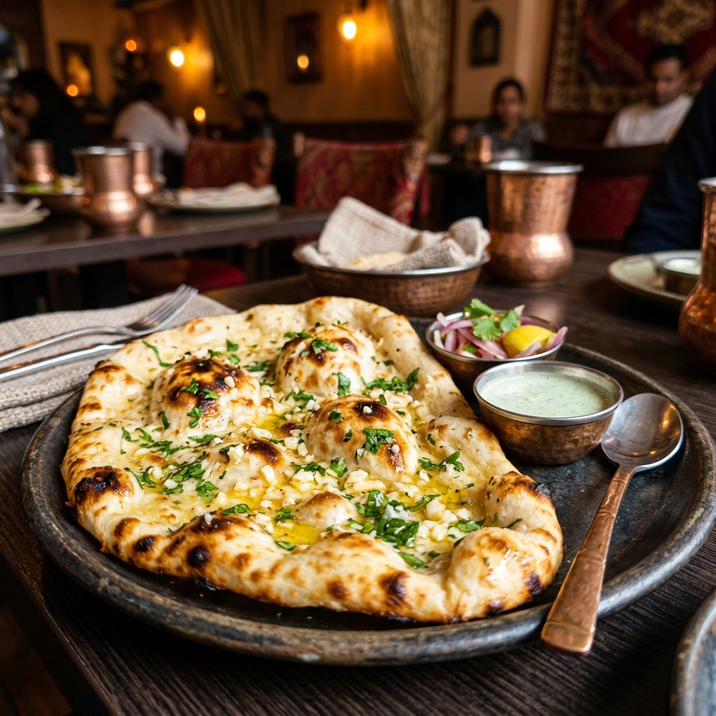 Freshly baked garlic naan brushed with melted butter, cooked directly on the clay walls of our tandoor.